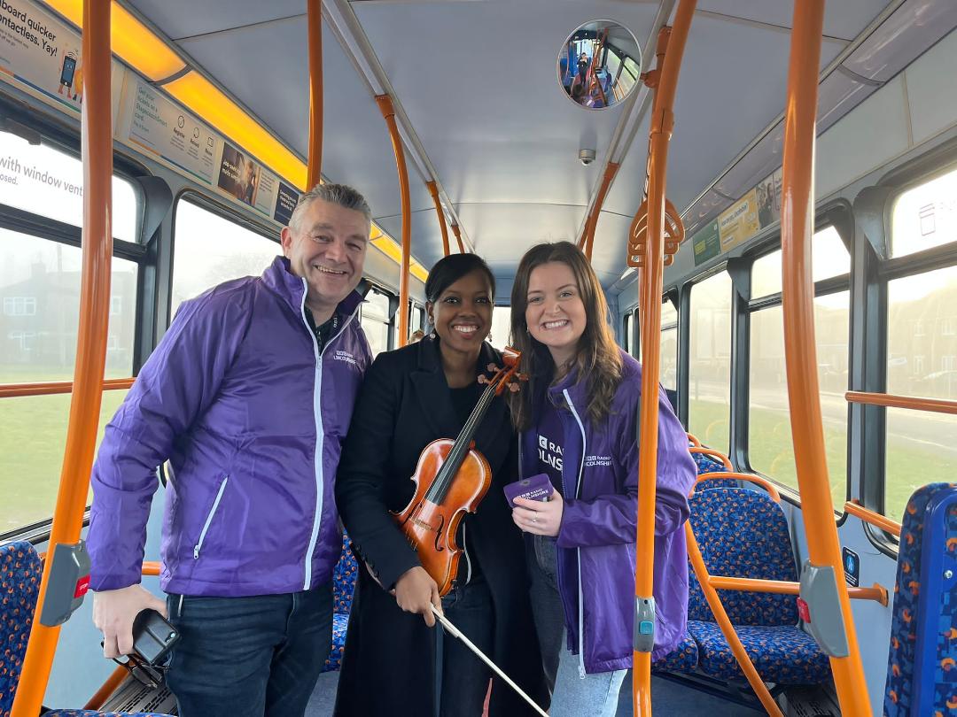 Violinist with BBC Radio Lincolnshire on a bus